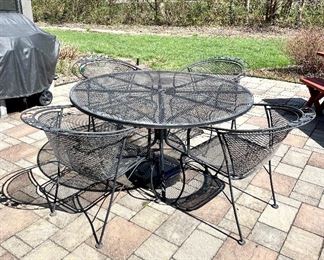 $250. Outdoor Woodard-Style Table & 4 Chairs. Table: 54 x 48. Chairs: 26.5 x 27 x 31. Classic set, will last a lifetime! 
