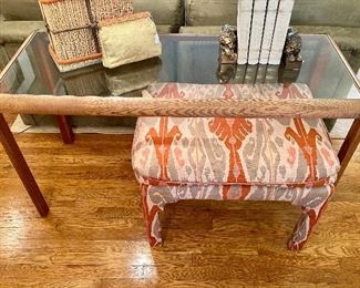 $450. Authentic MCM Console Table with Glass Top. 51 x 22 x 26.5. $300. Vintage Ikat Ottoman. 29 x 22 x 21.