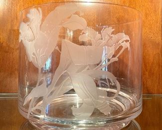 $120. Signed Perry Coyle Lily Engraved Glass Bowl.