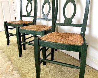 $240. Pottery Barn Green Chairs with Rush Seats. Set of 3. 17.75 x 15.5 x 37.5.