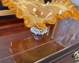 art glass and metal compote