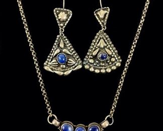 Fine Sterling Silver Lapis Lazuli Tribal 16Ó Necklace W/ Pierced Drop Dangle Earrings, 42 Grams