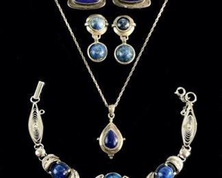 37 Grams Fine Sterling Lapis Lazuli Jewelry Lot: Pierced Earrings, 15" Necklace, 6.5" Bracelet