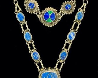 52 Grams Fine Silver Tribal Inlaid Lapis Lazuli & Malachite 16" Necklace & 7" Bracelet