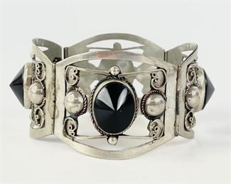 Fine Taxco Sterling Silver Black Onyx Reticulated Mexican Cuff Bracelet, 36 Grams 