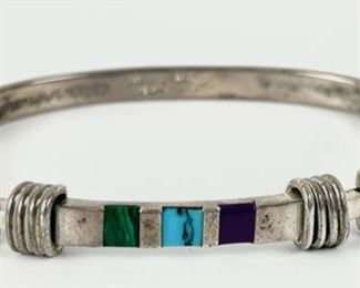Fine Mexican Sterling Silver Inlaid Malachite, Turquoise Bangle Bracelet, 22 Grams