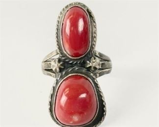 Fine Native American Sterling Silver Red Coral Size 6.75, 7 Grams