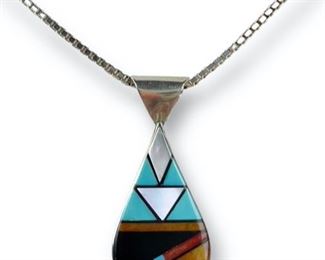 Southwest Sterling Silver Turquoise, Onyx, Mother of Pearl Inlay Necklace. 6.8 Grams.