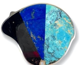 Native American Large Sterling Silver Zuni Bear with Onyx, Lapis Lazuli and Turquoise Inlay. Signed