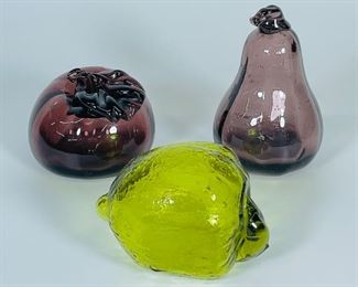 VINTAGE HOLLOW BLOWN Art GLASS FRUIT LOT OF 3 LIME, PEAR , TOMATO - Minor break at the stem of the art glass tomat