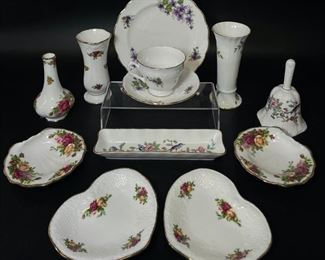 AYNSLEY; ROYAL VALE; ROYAL ALBERT FINE ENGLISH CHINA DISHES VASES TEA CUPS & PORCELAIN BELL