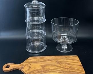 MCM WOODEN CHEESE BOARD & CRYSTAL LIDDED STACKING CANISTERS & LARGE FOOTED COMPOTE BOWL 