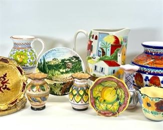 Huge Vintage Italian Ceramic Decorated Pottery Vase Lot Bowl Pitcher Pottery Barn Pitcher & Gilt Italian Trays 