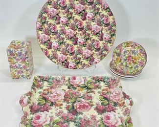 VINTAGE ROSE CHINTZ STAFFORDSHIRE ENGLISH ROYAL GARDEN PLATES & OLD FOLEY JAMES KENY ENGLISH CHINA COASTERS & Lidded Jar