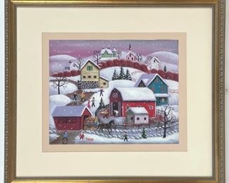 S Klein Pencil Signed Folk Art Winter Artwork Print