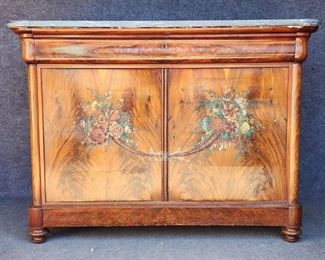 Fantastic Antique Handpainted Marble Top 2 Door One Drawer Credenza Cabinet