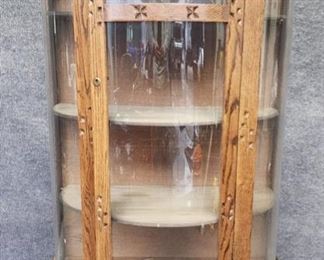Vintage Oak Curved Glass Curio Display Cabinet Leaded Glass Decoration