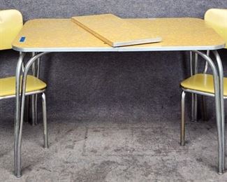 Vintage Art Deco Formica & Metal Dining Table One Extension Leaf & 2 Side Chairs MCM