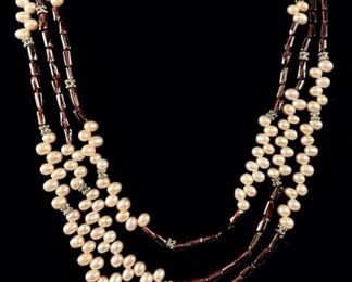 Fine Freshwater Pink Pearl & Garnet Triple Strand 14" Necklace