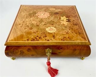 Vintage Reuge Burlwood Inlaid Italian Footed Locking Jewelry Music Box