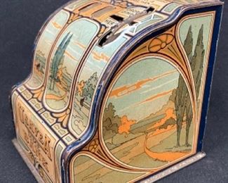 Antique Tin Lithograph UsaveA Dime Still Bank with Original Key