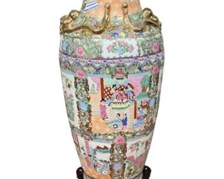 Huge Asian Rose Medallion Porcelain Urn Vase with Wood Stand