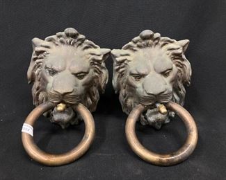 2 Antique Cast Brass Lion Head Door Knockers
