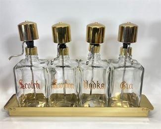 Vintage MCM Glass and Brass Pump Dispensing Liquor Decanters on Serving Tray