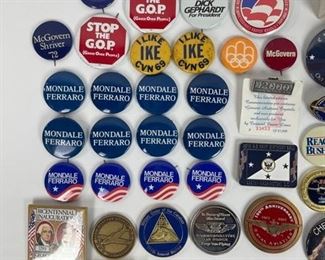 Political Pins, Memorabilia, and Collectibles - Includes Pins, Stamps, Washington Monument Thermometer, Gorbachev Squeaky Toy, and Bill Clinton Inauguration Periscope