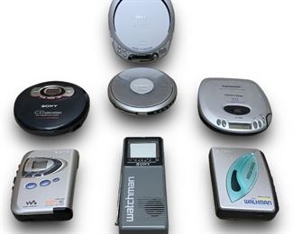 x6 Vintage CD/Cassette Walkmen Including the Brands: Sony and Panasonic and A Sony Flat Black And White TV Watchman Model: FD-10A - Sony Models Included: D-NF610, D-MJ95, WX-FX290, and WM-EX190. Panasonic Models Included: SL-S360, SL-CT710