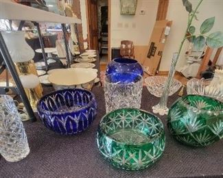 Tiffany  Crystal Bowl & Champagne Bucket and Lenpox Blue to Clear & Green to Clear Crystal Bowls