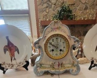 Porcelain Hand Painted French Mantel Clock with Victorian Scene.