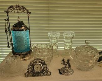 c1880's -1900 Pickle Caster with Pressed Blue Glass Holder and Silver Plate Frame and tongs