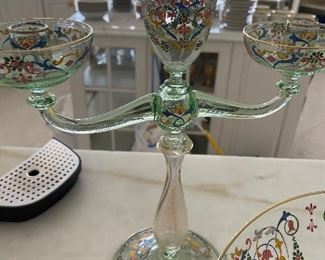Green glass 3  candle holders 