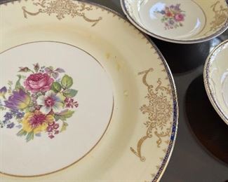 This set is  Vintage  from Tiffany we have  10 plates 10inches, 10 soup plates 5" ,10 small  round 5 " ,9 small plates 6", 12 saucers 6", 12 cups, gravy bowl, Milk and sugar, vegetable platter 16 inches  top and bottom fruit dish 9-1/2 inches