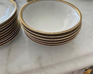 10 plates 6-1/4",  6 plates 9" 5 dishes 5", 4 demi tasse cups, 10 demitasse saucers, Bohemian veg. Platter,9 double handle soup bowls.18 saucers.  10 demitasse plates 