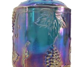 Vintage Blue Carnival Glass Grape Vine Jar
