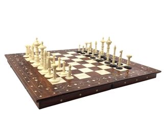 Portable Folding Wood & Bone Chess Set
