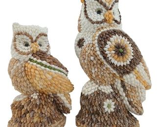 2pc. Folk Art Shell Owl Sculptures

