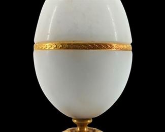 Asian Brass Footed Alabaster Egg Trinket Box
