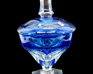 Signed Cobalt Blue Crystal Art Lidded Candy Dish
