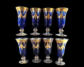 8pc Mouth Blown Medici 24K Decorated Blue Glasses
