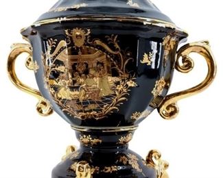 Limoges Fine Porcelain Painted Black and Gold Urn
