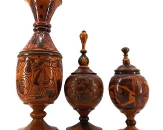 3pc Carved Walnut Wood Jars/Vase
