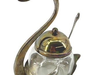 Vintage Silver Swan Condiment Pot w Spoon
