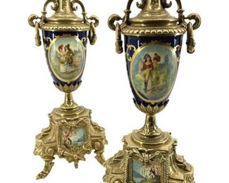 French Porcelain & Brass Decorative Urns
