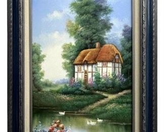 Signed Marten Cottage Landscape Oil on Canvas
