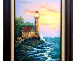 Signed C. Jaffey Lighthouse Oil on Canvas
