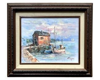 Signed A. Simpson Boat Landscape Oil on Panel
