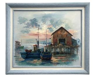Signed A. Simpson Dock Landscape Oil on Canvas
